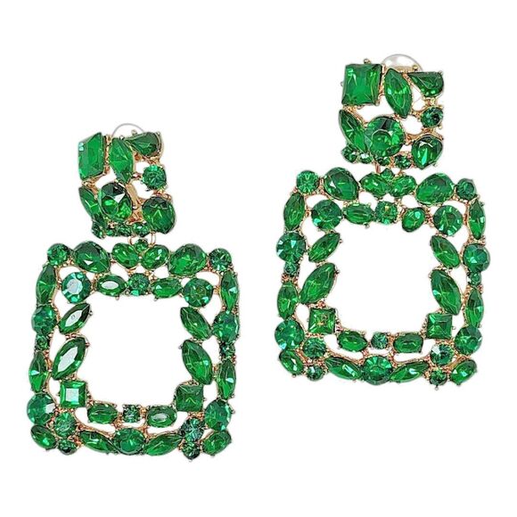 Gold Tone Metal Green Plastic Rhinestone Opulent Chandelier Earrings Square Drop - Picture 1 of 16